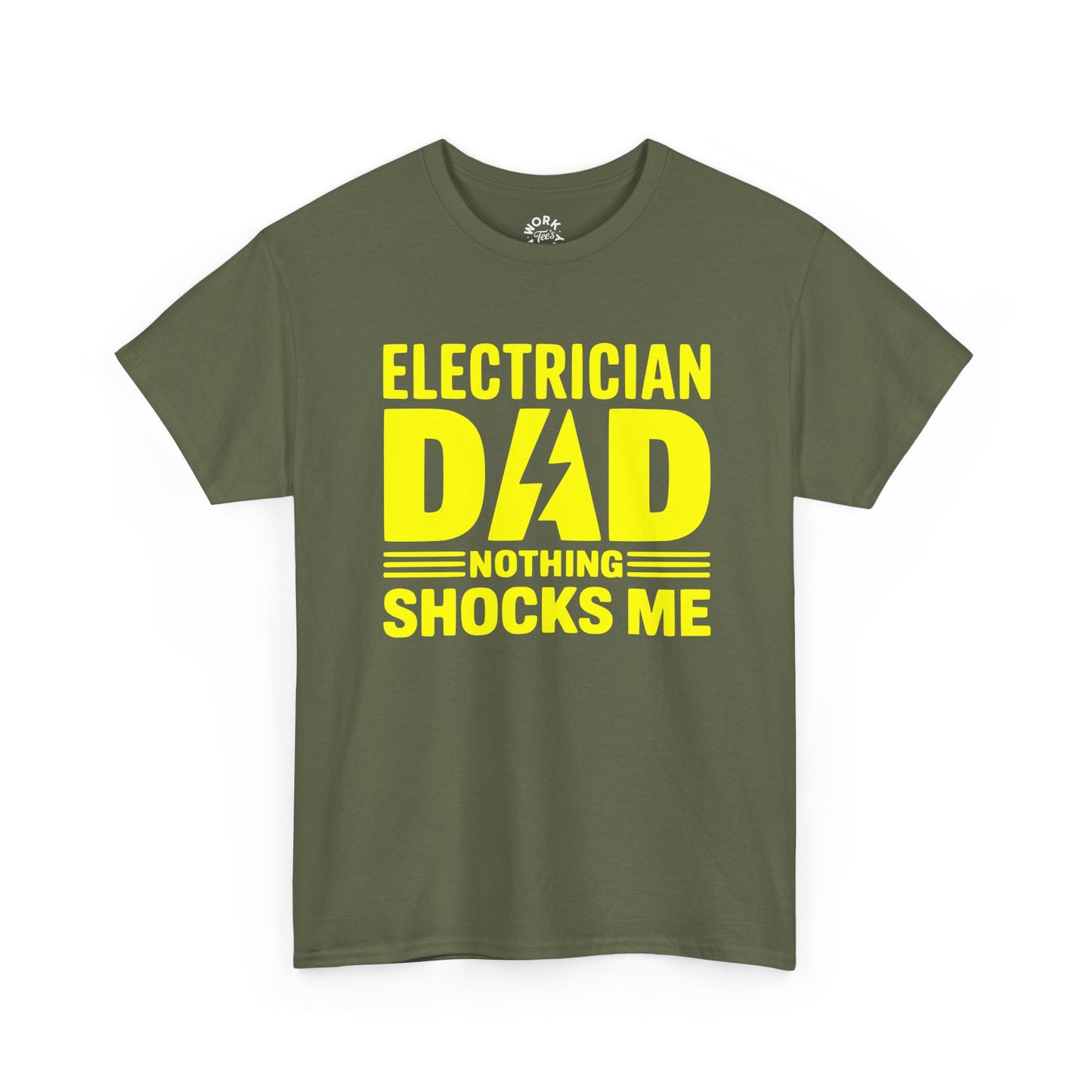 Green t-shirt with yellow text 'Electrician Dad Nothing Shocks Me' on a white background