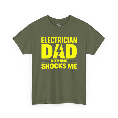 Green t-shirt with yellow text 'Electrician Dad Nothing Shocks Me' on a white background