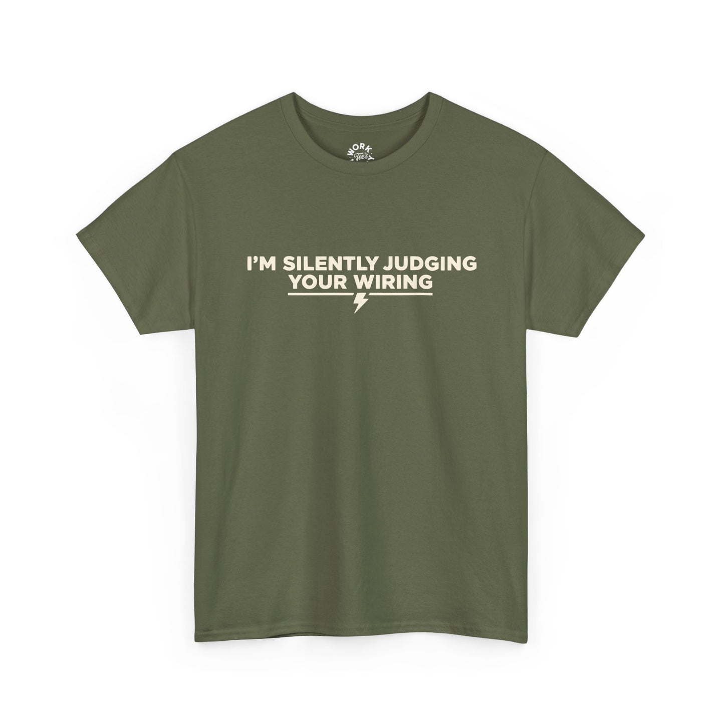 Green t-shirt with text 'I'm silently judging your wiring' on a white background