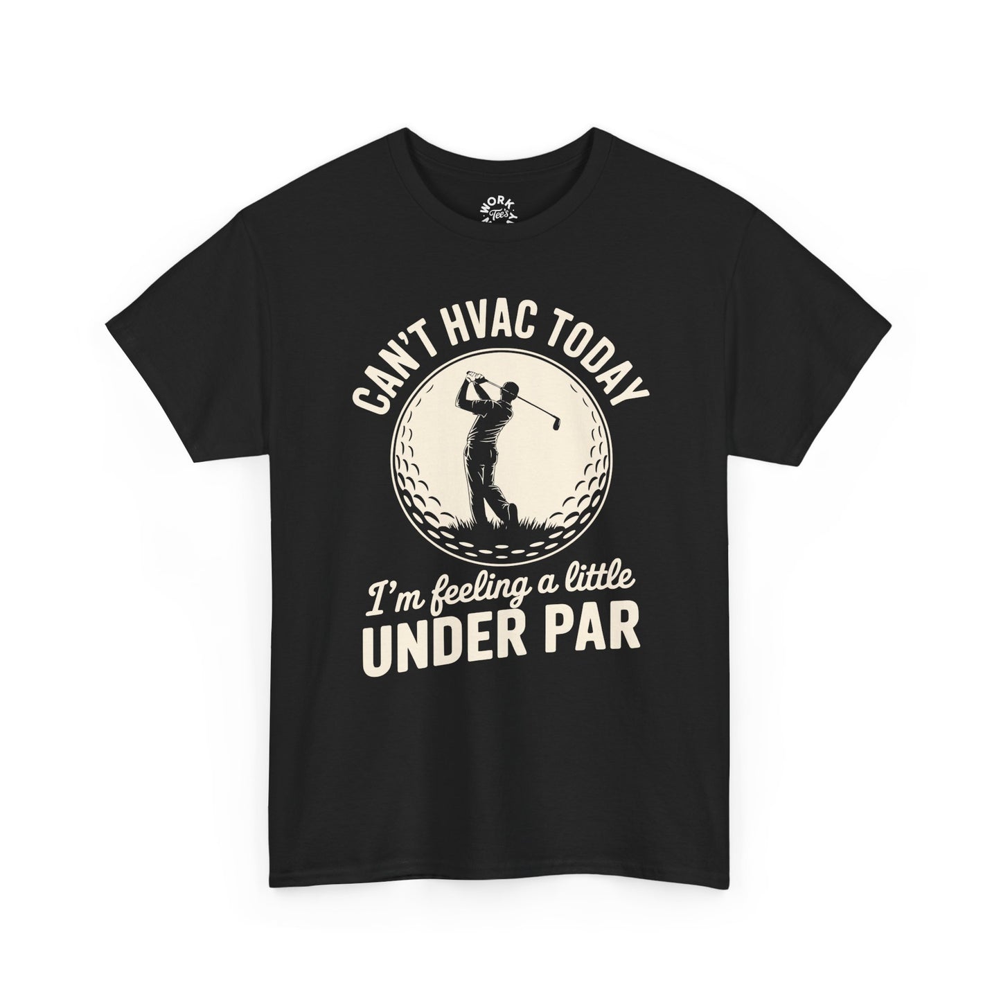 Black t-shirt with golf-themed text and graphic on a white background