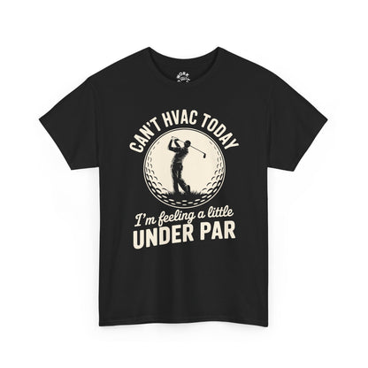 Black t-shirt with golf-themed text and graphic on a white background