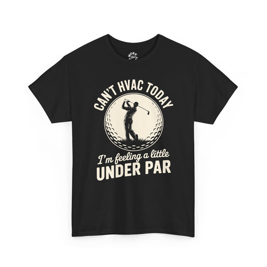 Black t-shirt with golf-themed text and graphic on a white background