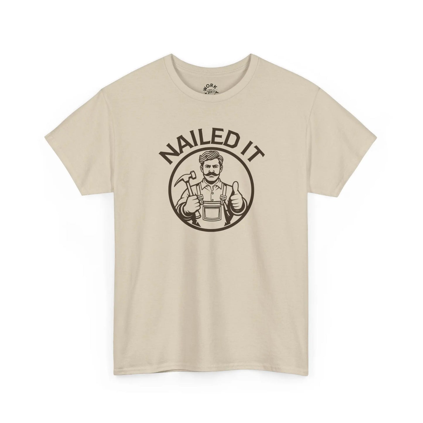 Beige t-shirt with 'Nailed It' graphic on a white background