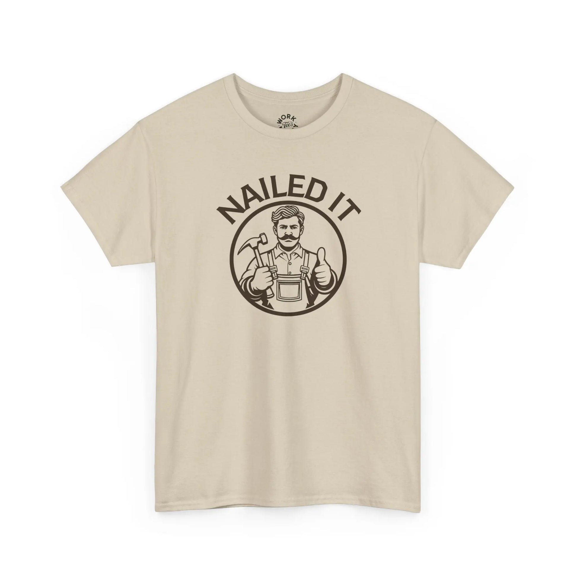 Beige t-shirt with 'Nailed It' graphic on a white background