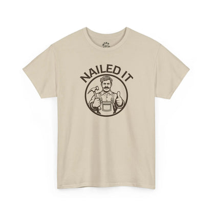 Beige t-shirt with 'Nailed It' graphic on a white background