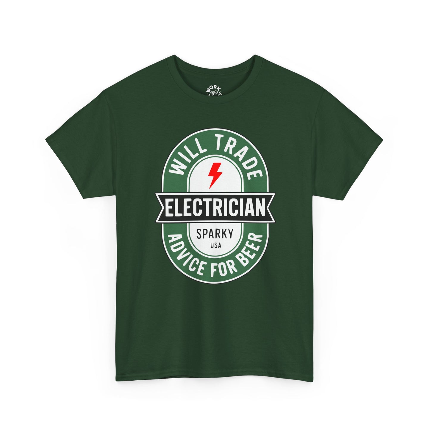 Green t-shirt with electrician graphic and text on a white background