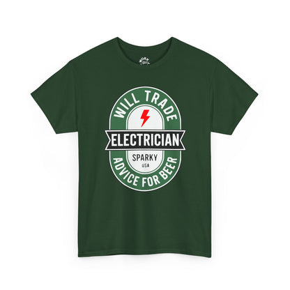 Green t-shirt with electrician graphic and text on a white background