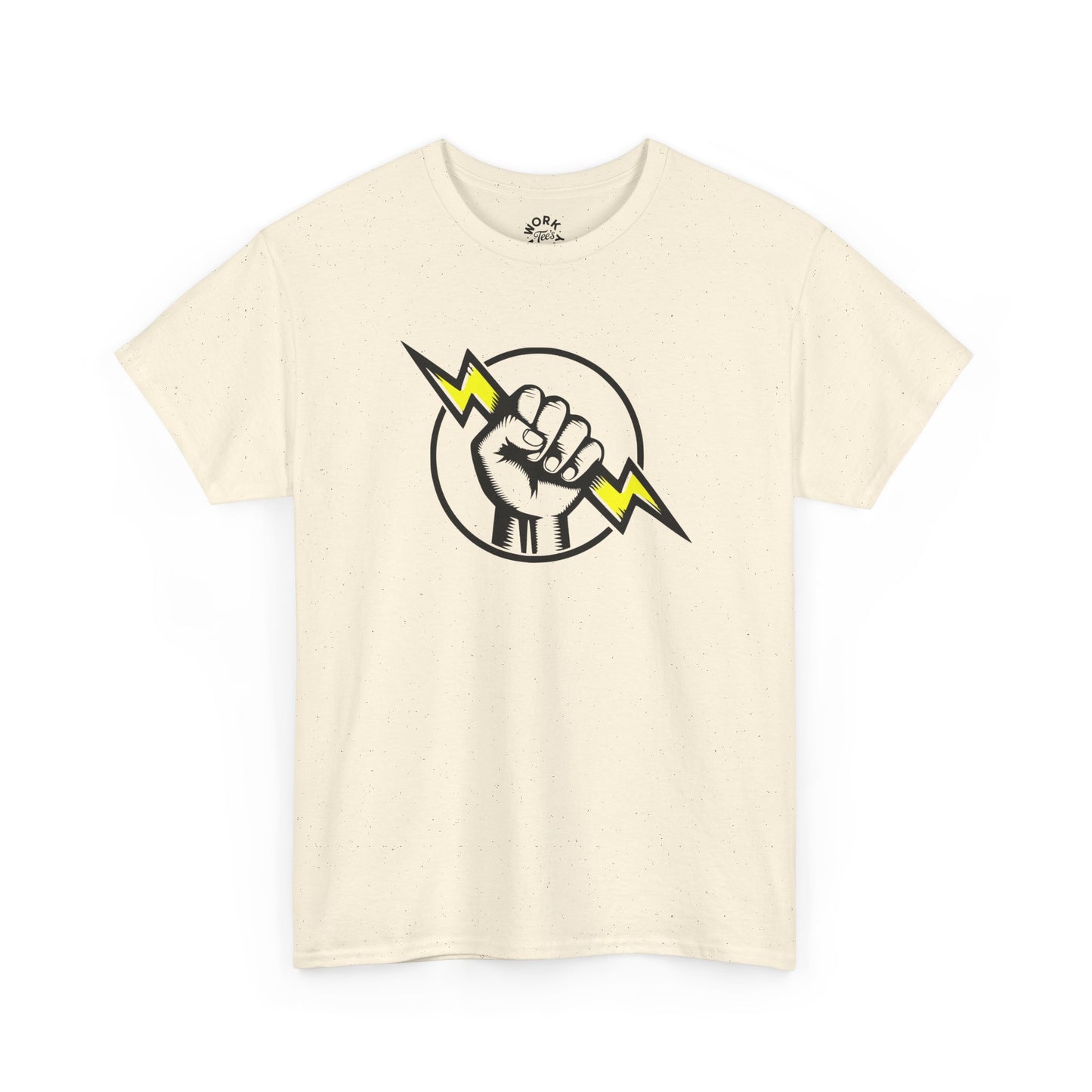 Beige t-shirt with a graphic design of a fist holding a lightning bolt on a white background