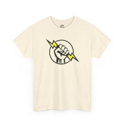 Beige t-shirt with a graphic design of a fist holding a lightning bolt on a white background