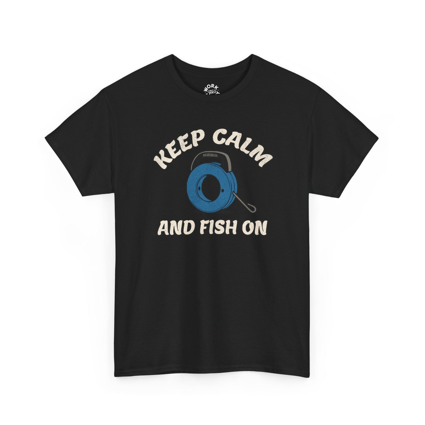 Black t-shirt with 'Keep Calm and Fish On' graphic on a white background
