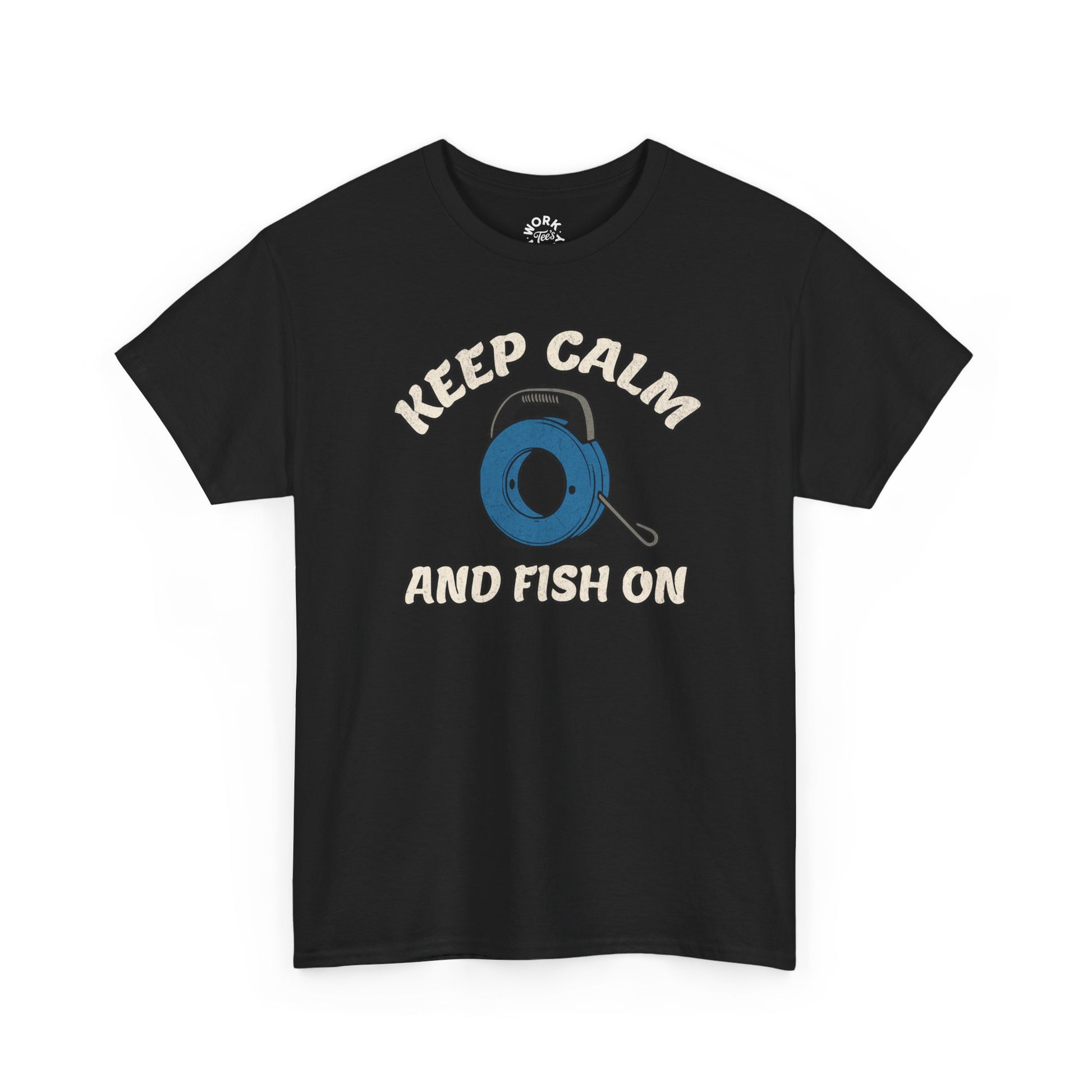 Black t-shirt with 'Keep Calm and Fish On' graphic on a white background