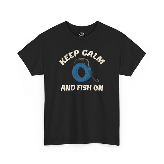 Black t-shirt with 'Keep Calm and Fish On' graphic on a white background