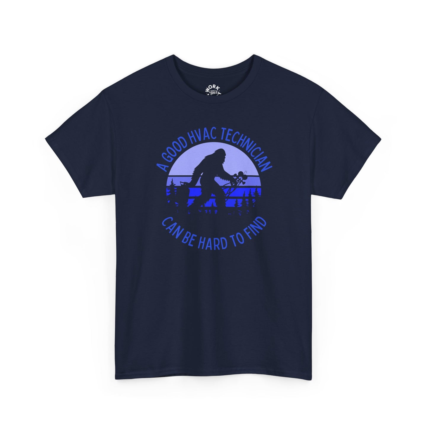 Navy blue t-shirt with HVAC technician graphic and text on a white background