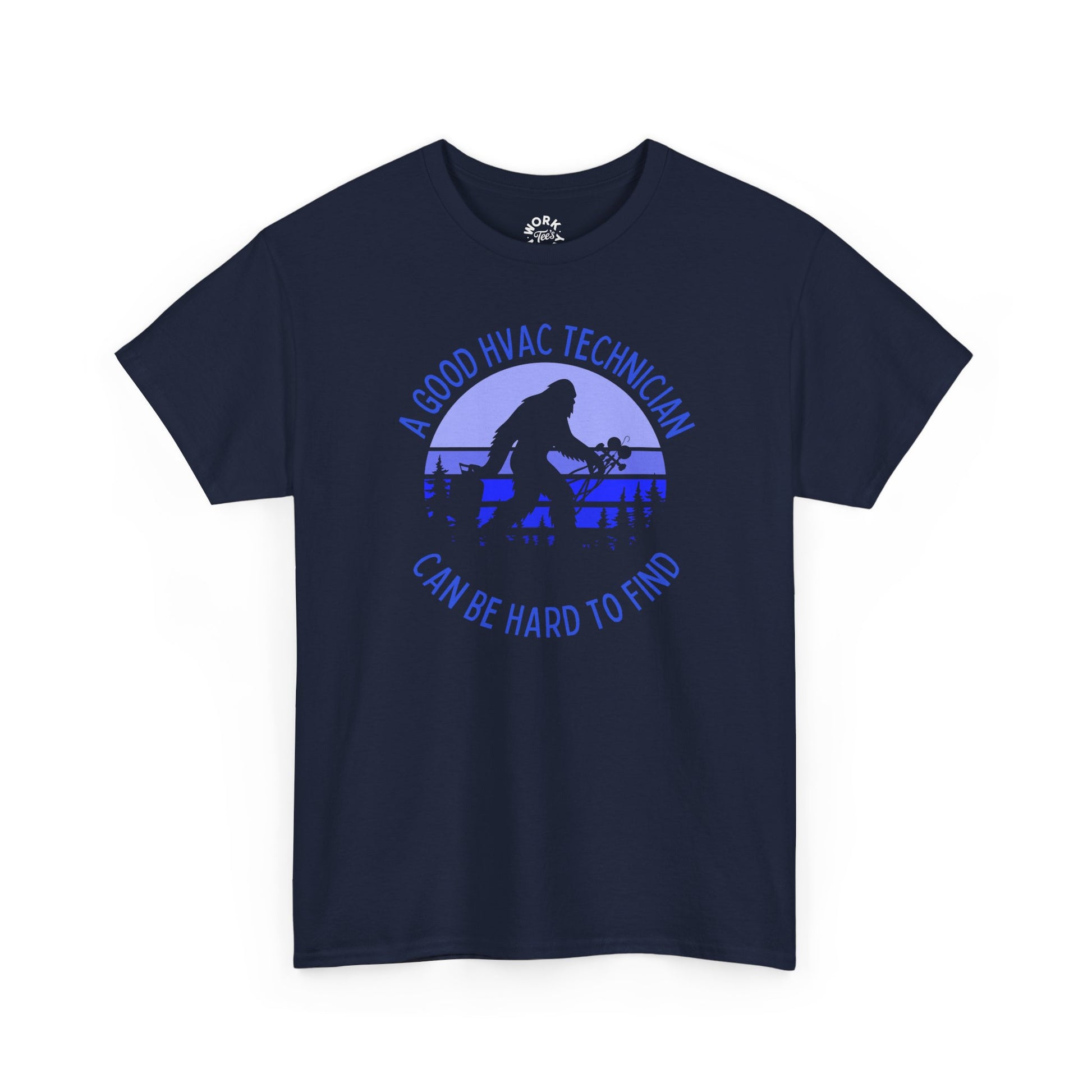 Navy blue t-shirt with HVAC technician graphic and text on a white background