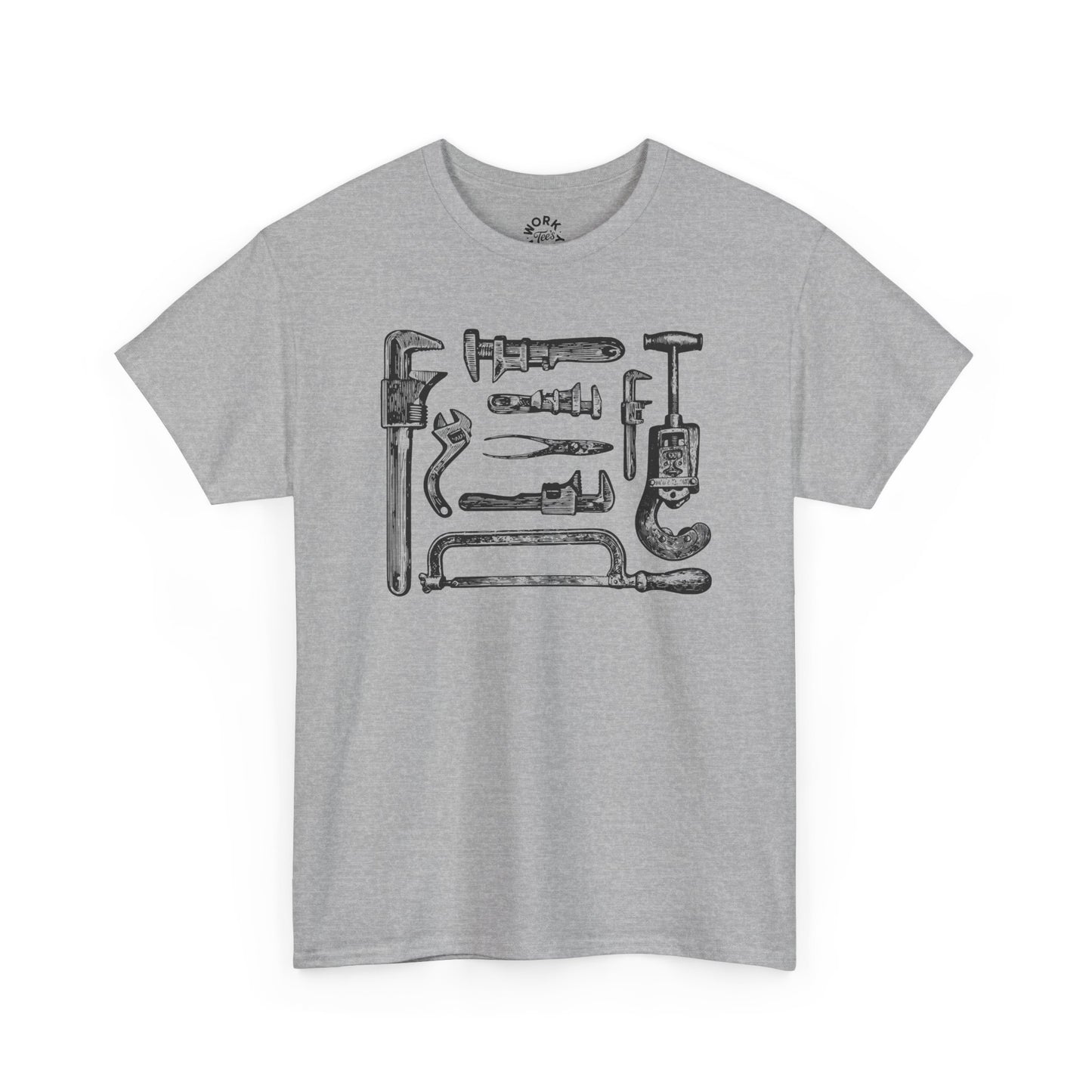 Gray t-shirt with black tool graphic on a white background