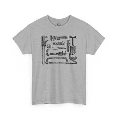 Gray t-shirt with black tool graphic on a white background