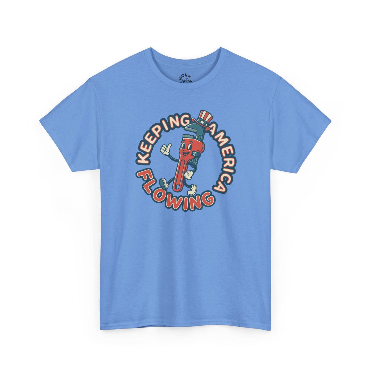 Blue t-shirt with a graphic design of a character holding a bottle labeled 'Keeping America Flowing' on a white background.