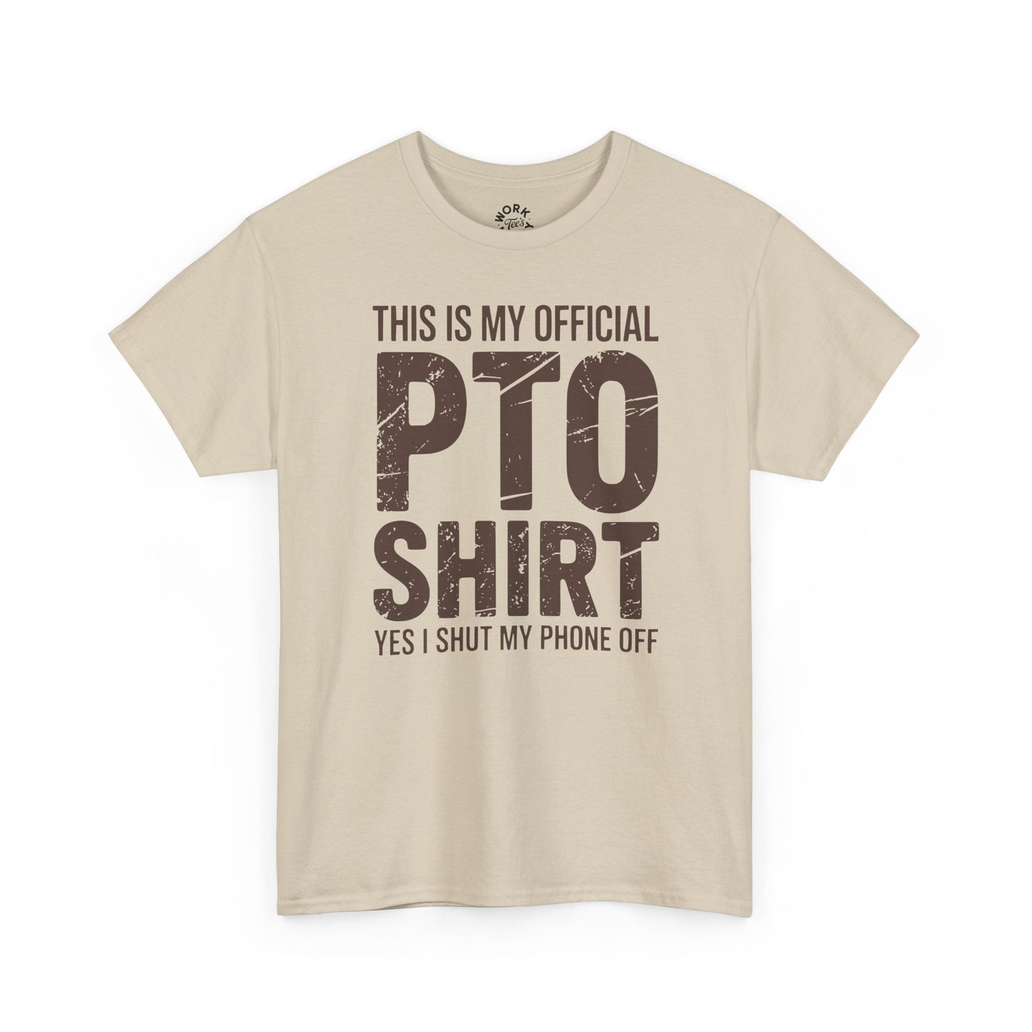 Beige T-shirt with text 'PTO SHIRT' on white background