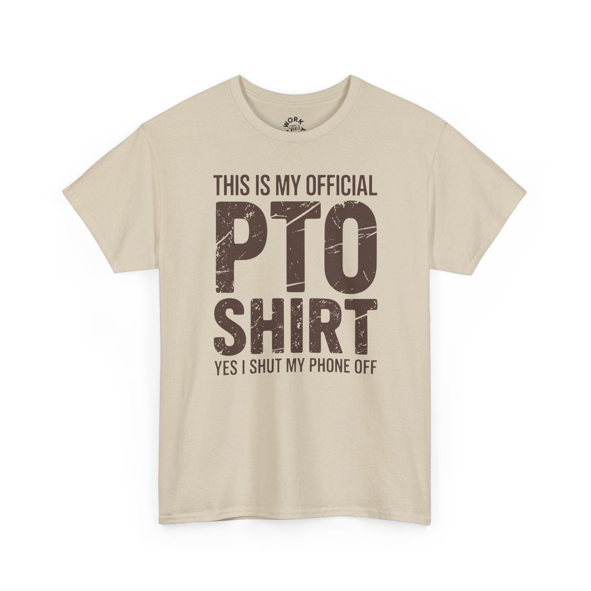 Beige T-shirt with text 'PTO SHIRT' on white background