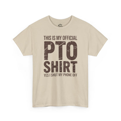 Beige T-shirt with text 'PTO SHIRT' on white background