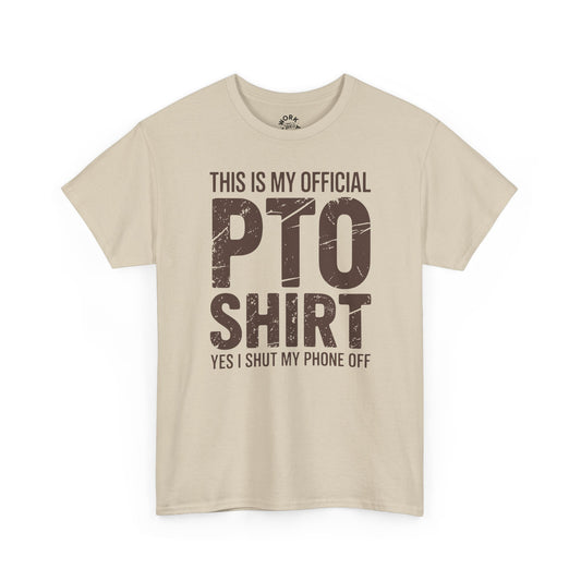 Beige T-shirt with text 'PTO SHIRT' on white background