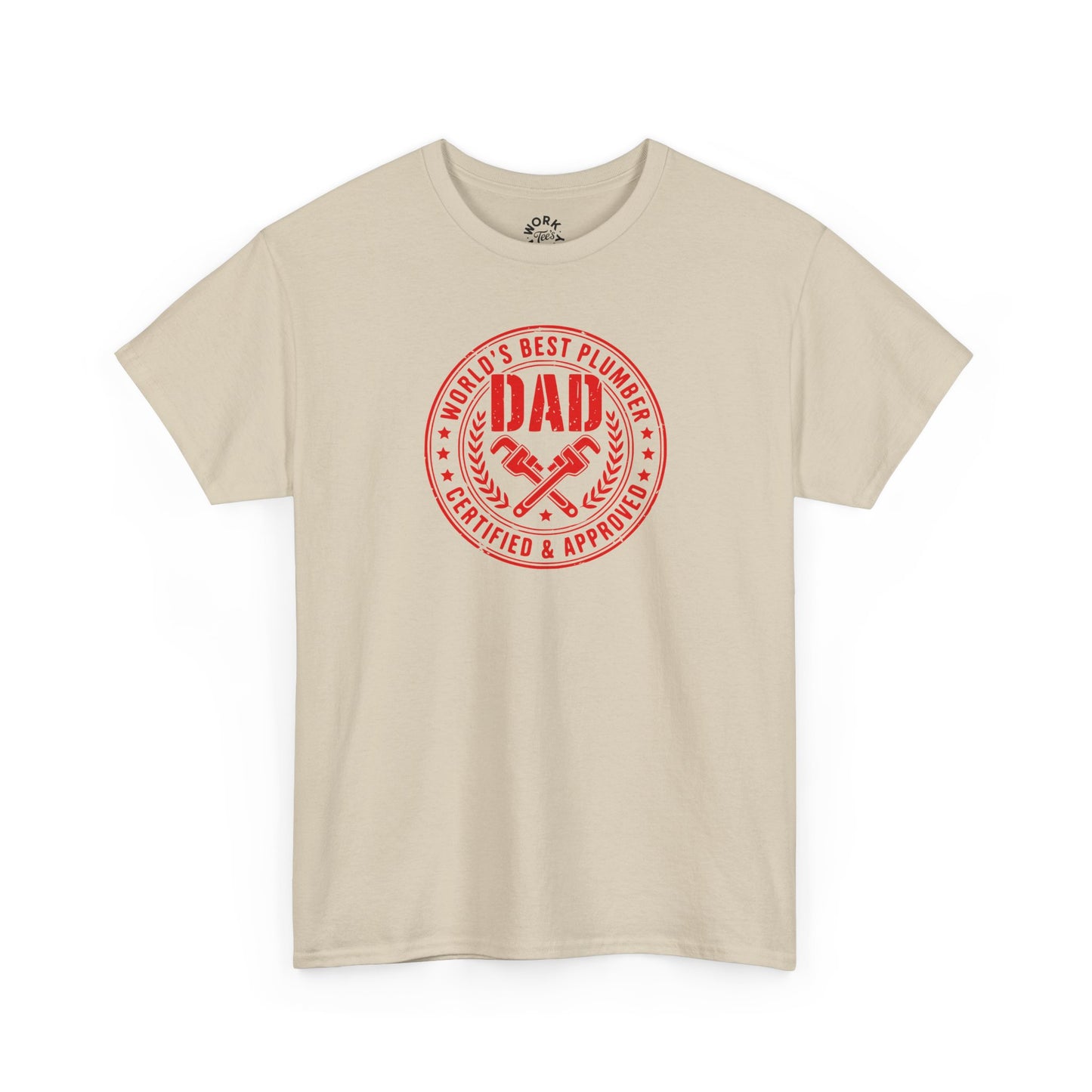 Beige t-shirt with red graphic and text on a white background