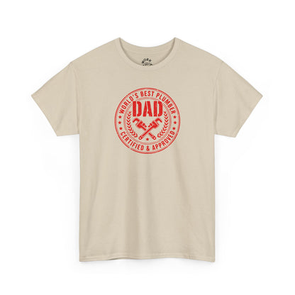 Beige t-shirt with red graphic and text on a white background
