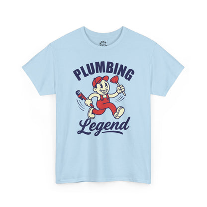 Light blue t-shirt with plumbing-themed graphic and text on a white background