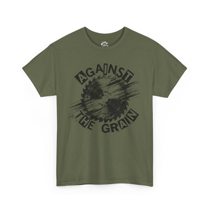 Green t-shirt with 'Against the Grain' graphic design on a white background