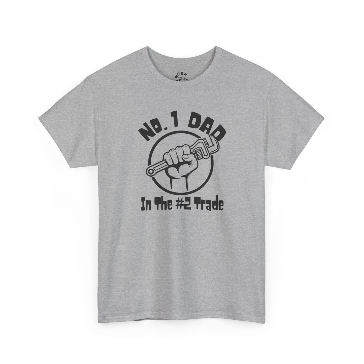 Gray t-shirt with black graphic and text on a white background