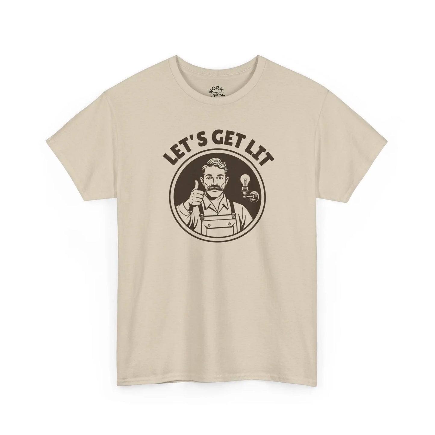 Beige t-shirt with graphic design and text 'Let's Get Lit' on a white background