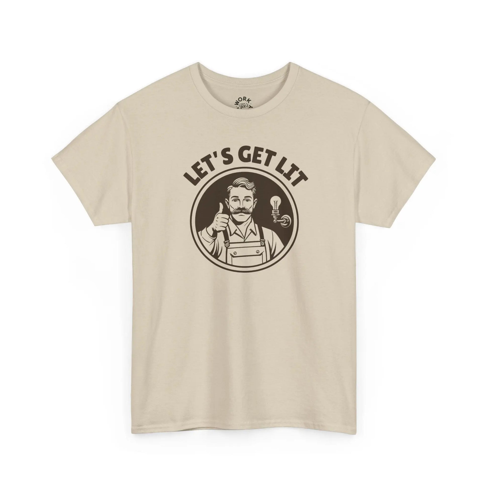 Beige t-shirt with graphic design and text 'Let's Get Lit' on a white background