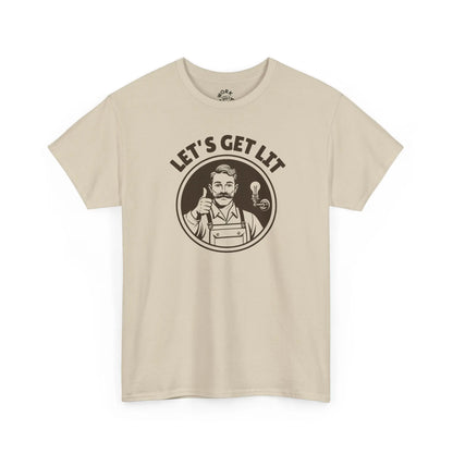 Beige t-shirt with graphic design and text 'Let's Get Lit' on a white background