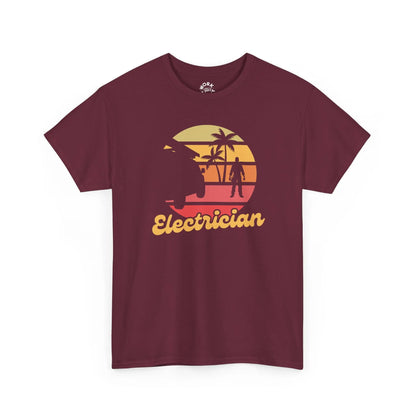 Maroon t-shirt with a graphic design and the word 'Electrician' on a white background