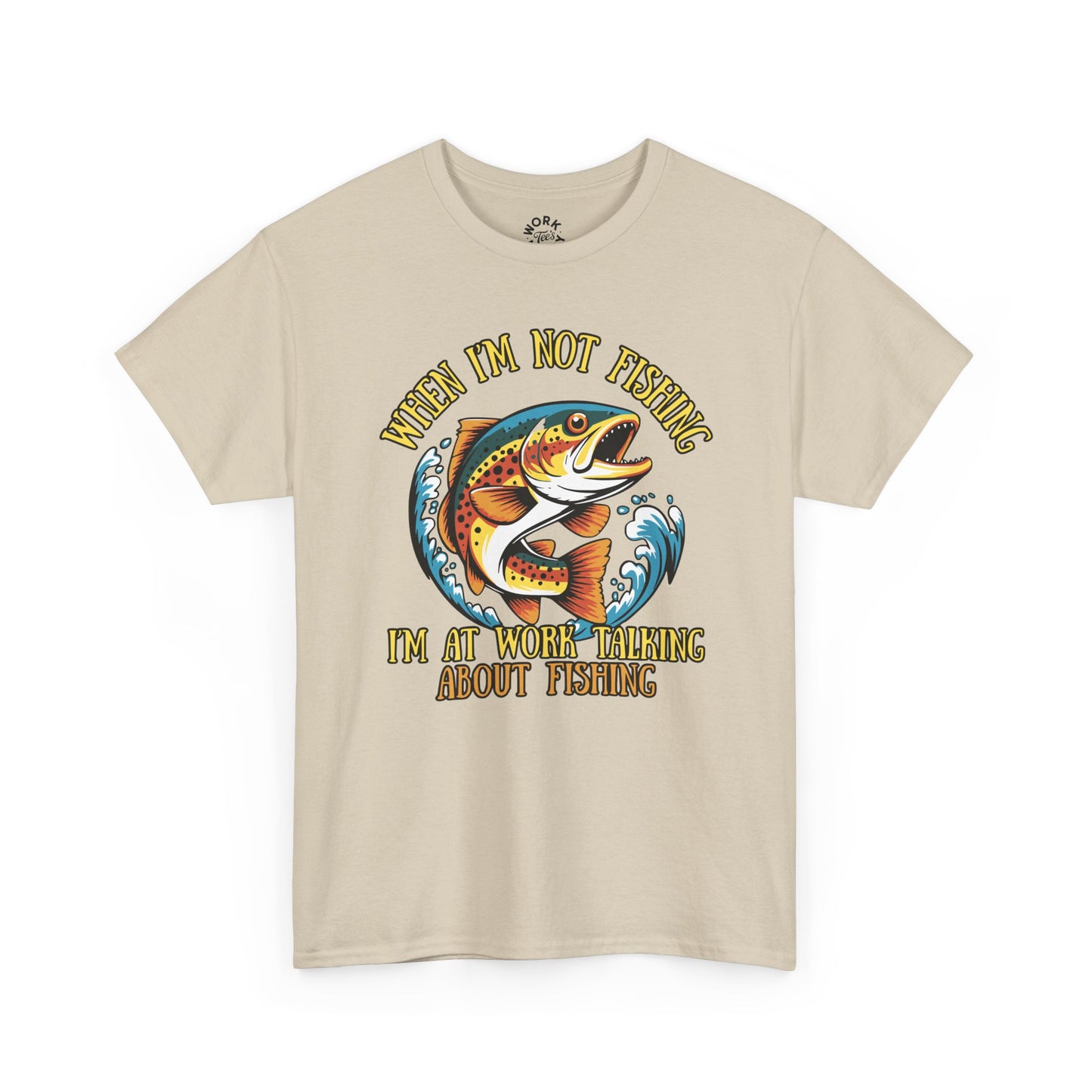 Beige t-shirt with a fishing graphic and text on a white background