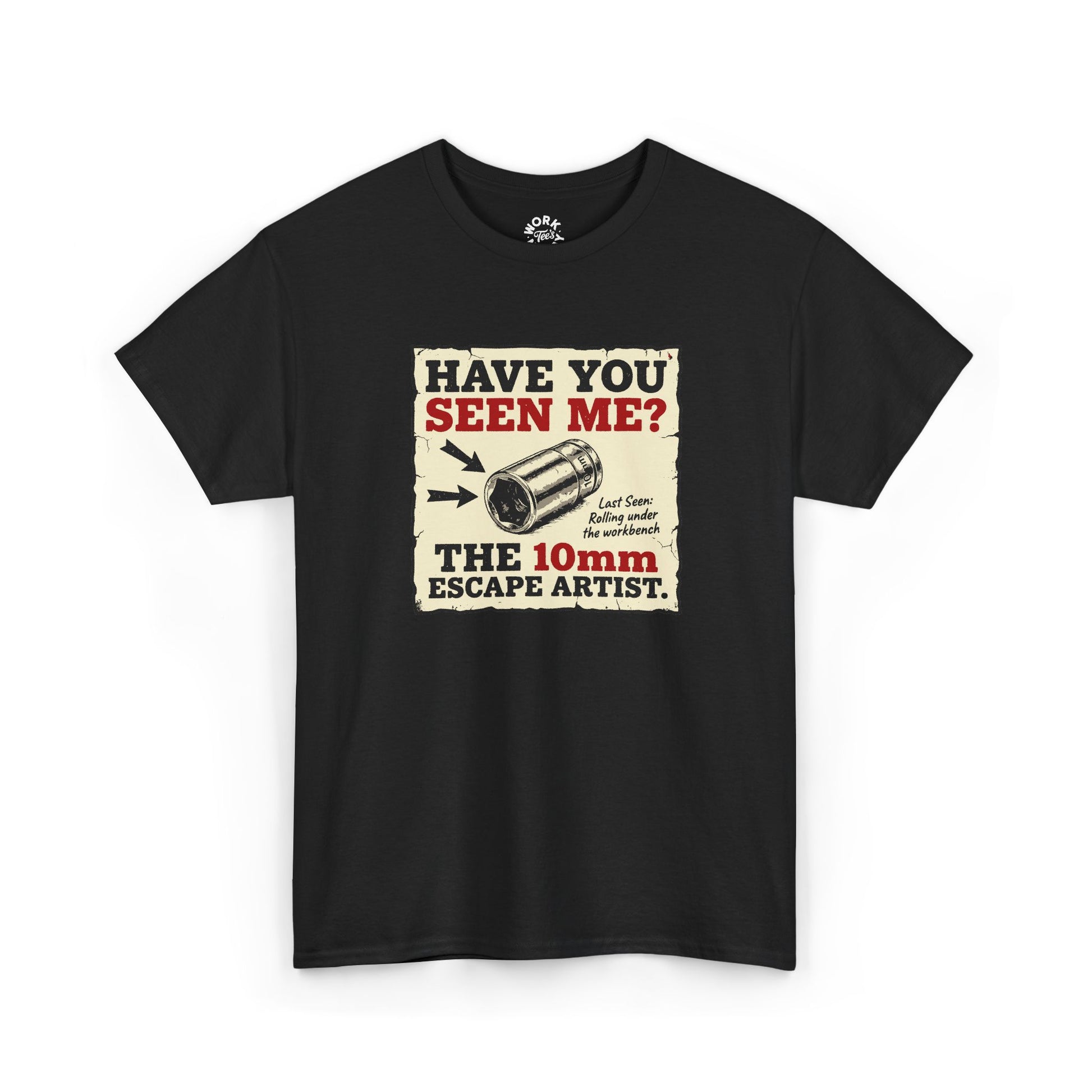 Black t-shirt with a humorous graphic and text on a white background