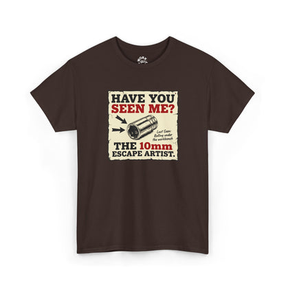 Brown t-shirt with a graphic design on a white background
