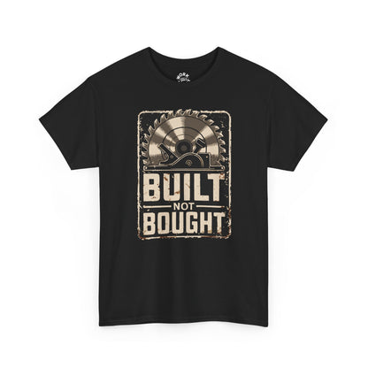 Black t-shirt with 'Built Not Bought' graphic design on a white background