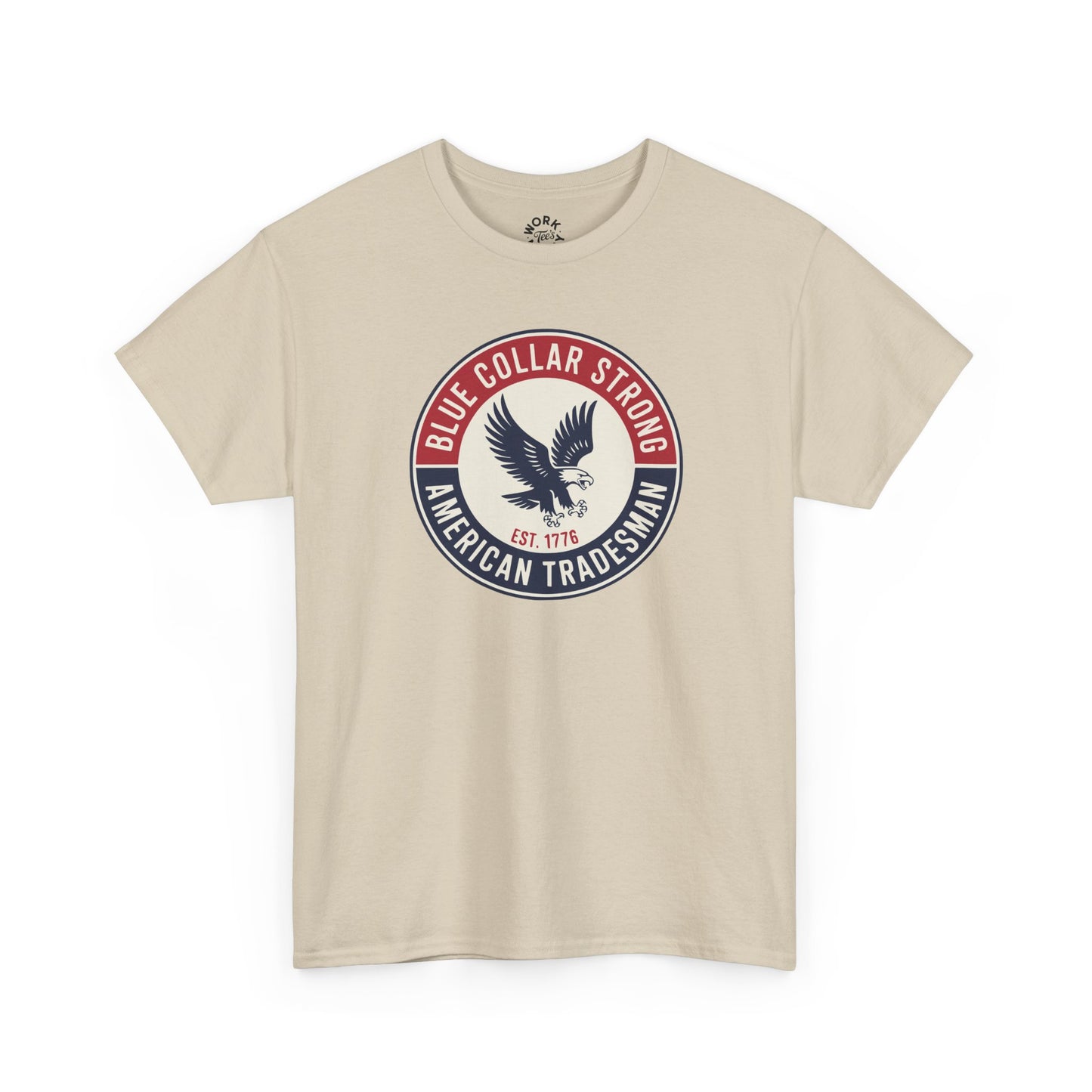 Beige t-shirt with 'Blue Collar Strong American Tradesman' graphic on a white background