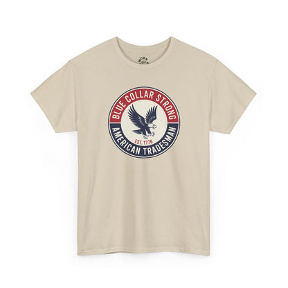 Beige t-shirt with 'Blue Collar Strong American Tradesman' graphic on a white background