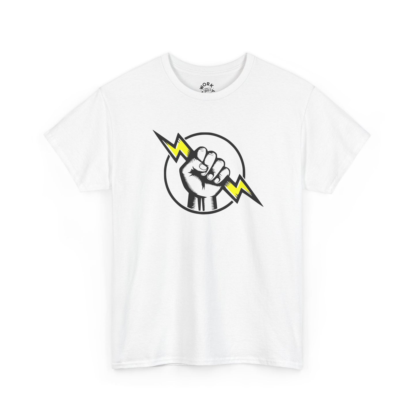 White t-shirt with a graphic design of a fist with a lightning bolt on a white background