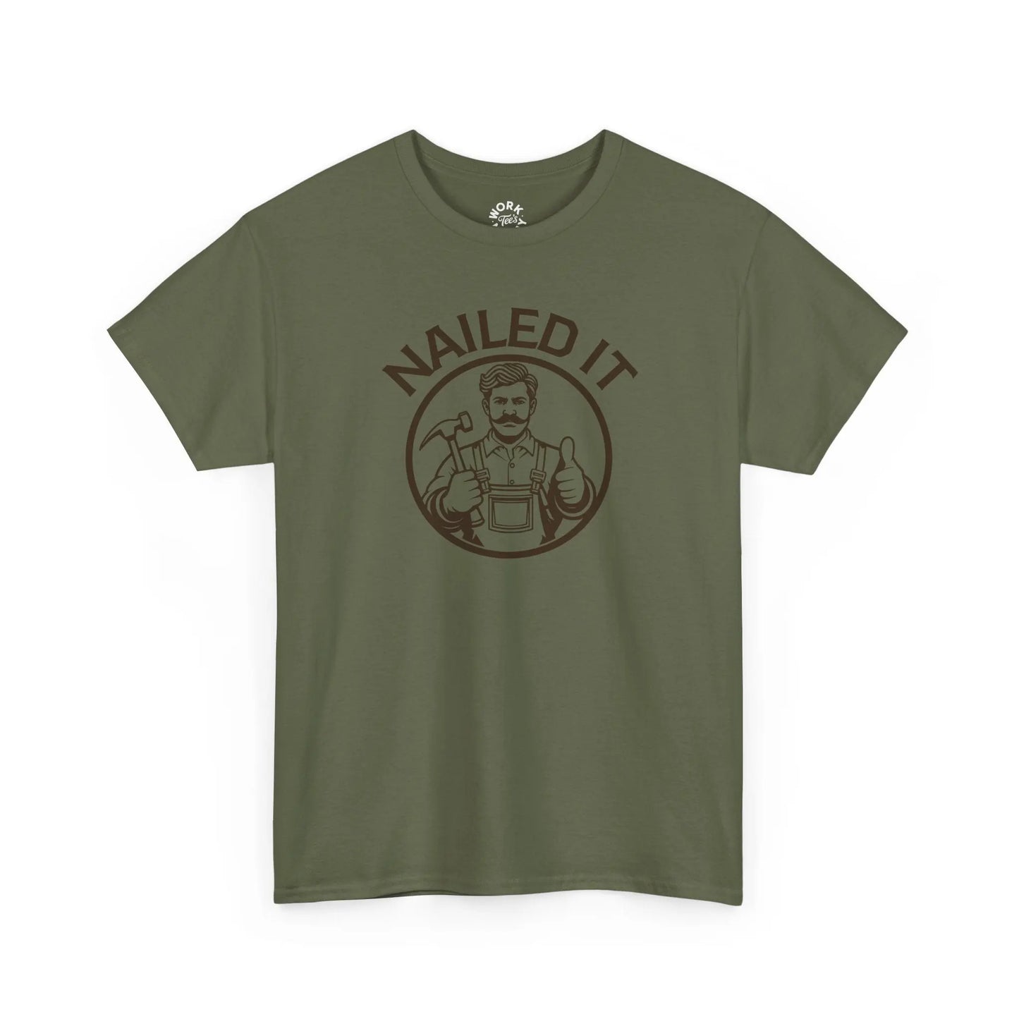 Green t-shirt with 'NAILED IT' graphic on a white background