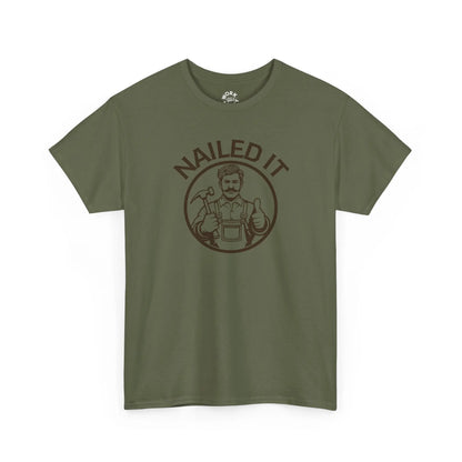 Green t-shirt with 'NAILED IT' graphic on a white background