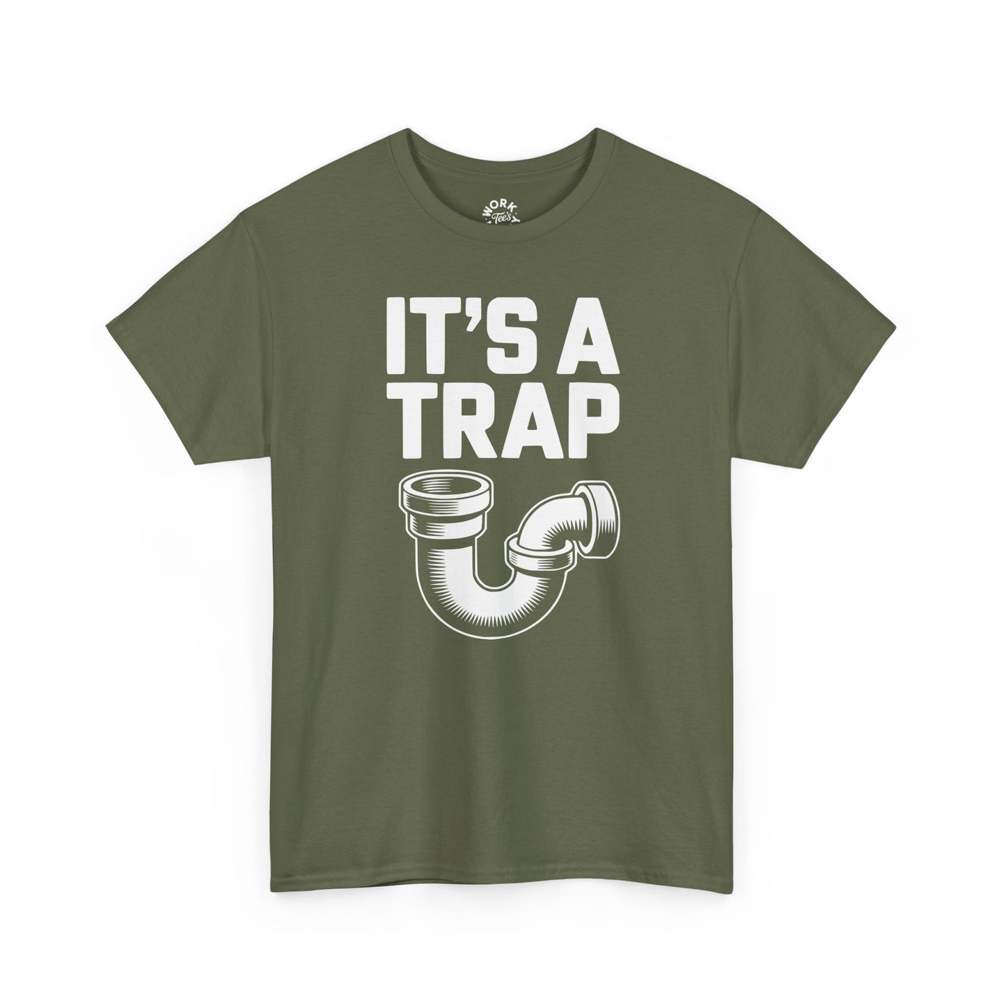 Green t-shirt with 'It's a Trap' graphic and text on a white background