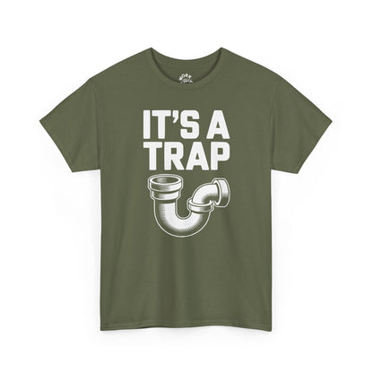 Green t-shirt with 'It's a Trap' graphic and text on a white background