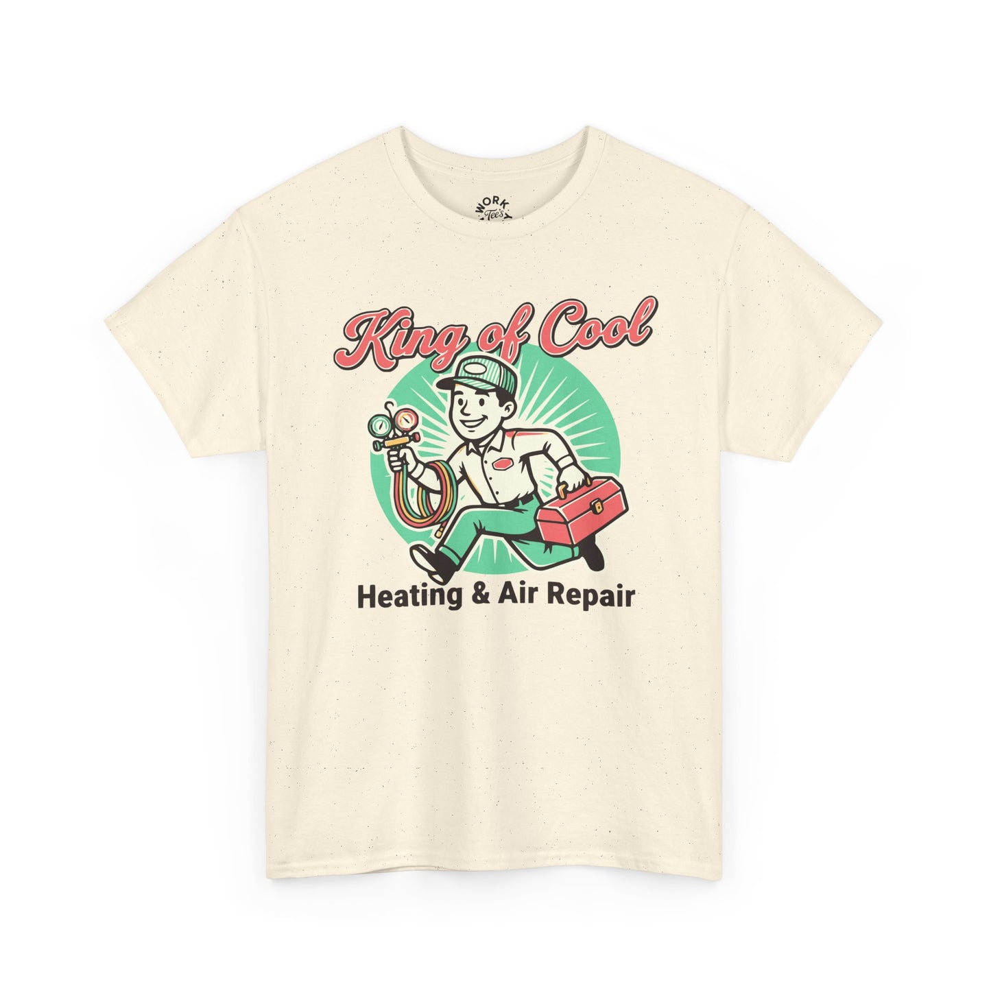 Beige t-shirt with 'King of Cool Heating & Air Repair' graphic on a white background