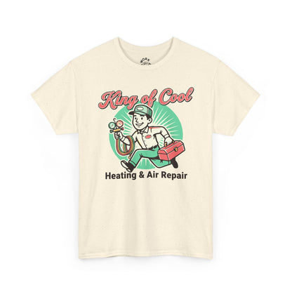 Beige t-shirt with 'King of Cool Heating & Air Repair' graphic on a white background