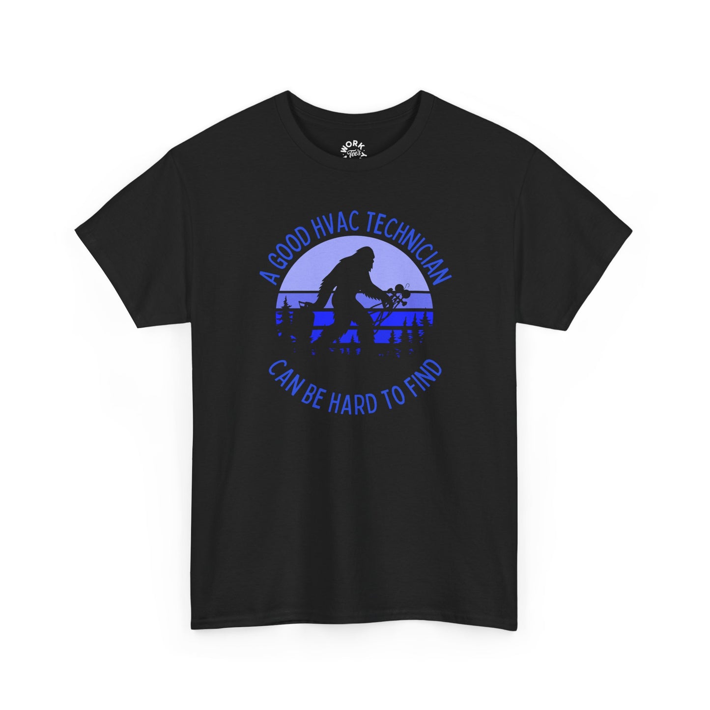 Black t-shirt with blue graphic and text on a white background