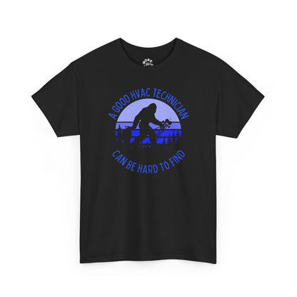 Black t-shirt with blue graphic and text on a white background