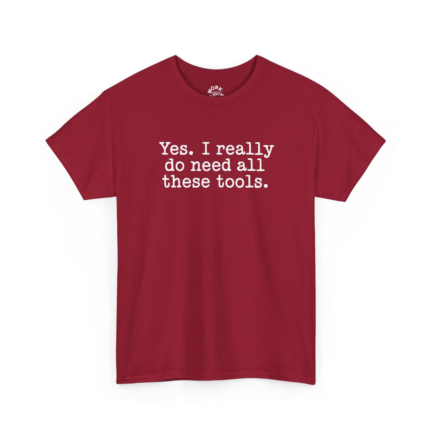 Red t-shirt with white text on a white background